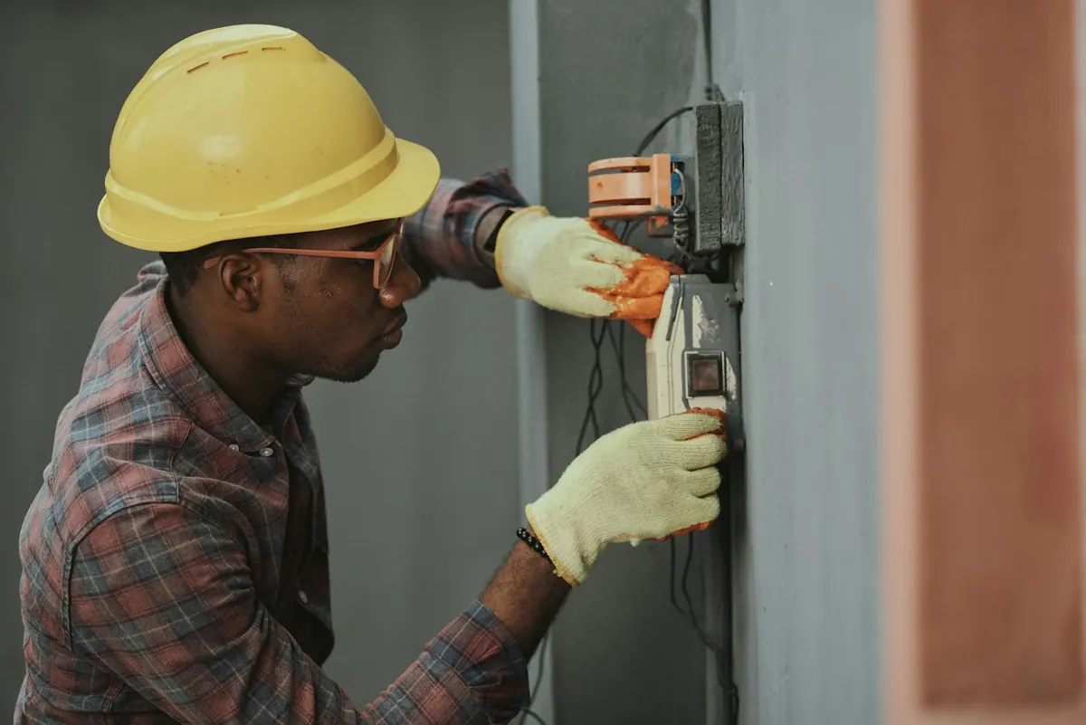 A tradesman in a hard hat installing an electrical fitting